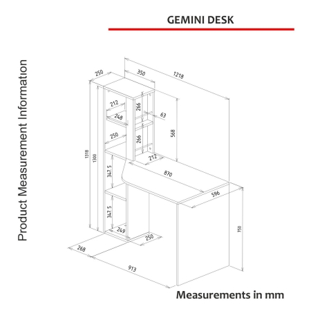 שולחן כתיבה עם ארונית צד ומדפים דגם GEMINI מבית BRADEX