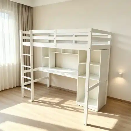 מיטת גלריה לילדים ונוער עם שולחן עבודה, מדפי אחסון ומזרן דגם ACADEMY מבית BRADEX