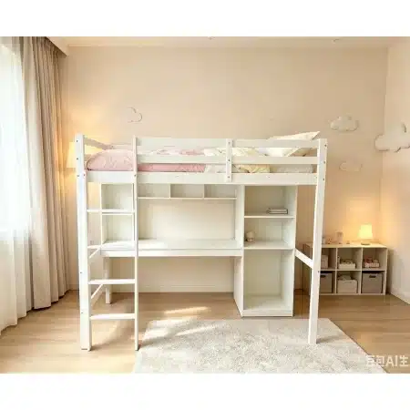 מיטת גלריה לילדים ונוער עם שולחן עבודה, מדפי אחסון ומזרן דגם ACADEMY מבית BRADEX